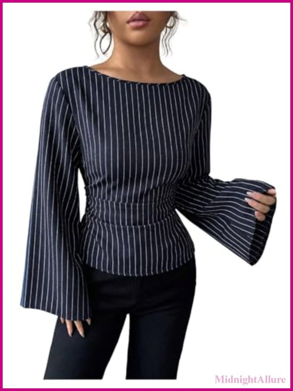 Women's Pinstripe Cinched Waist Blouse Ruched Bell Sleeve Shirt